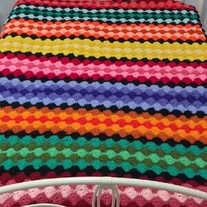 Vintage Handmade Crochet Afghan Throw Colorful Rainbow Diamond Weave 84" × 56"